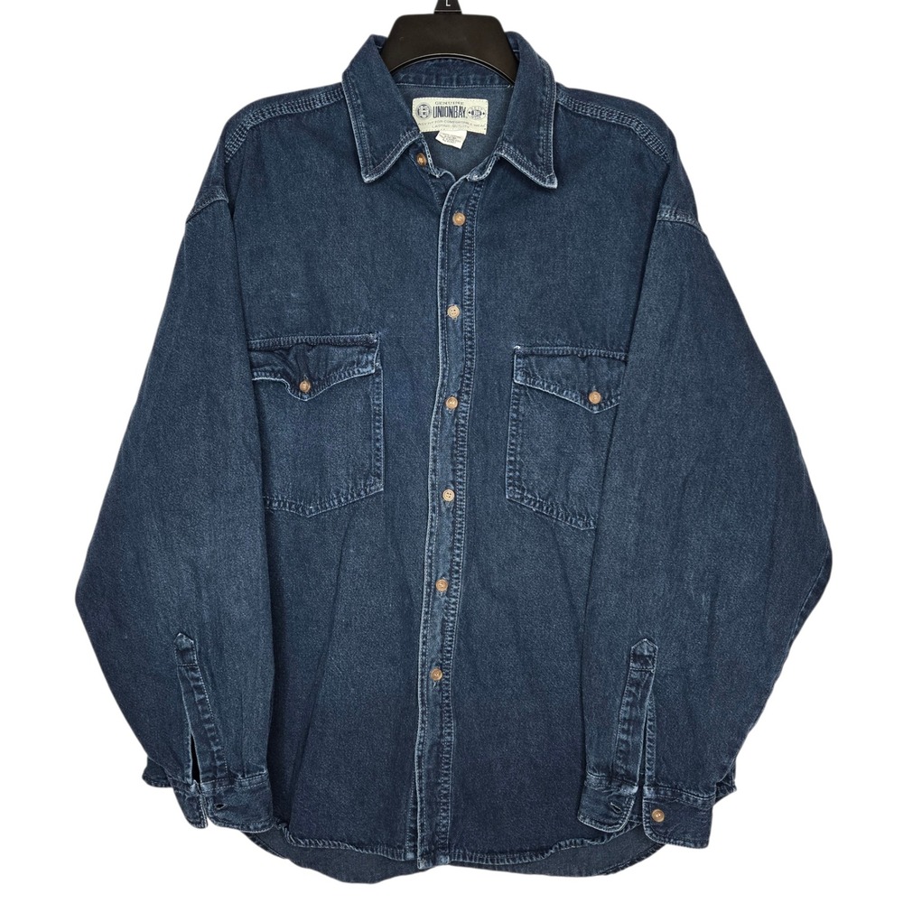 UNIONBAY Mens Denim Button Up Shirt Long Sleeve Blue XL Cotton Workwear Casual - Picture 1 of 6